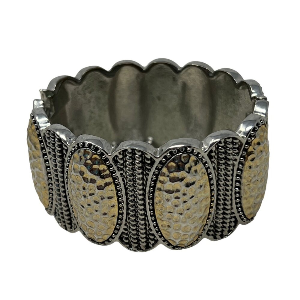 Silver Gold Tone Clamper Hammered Stations Bangle Bracelet